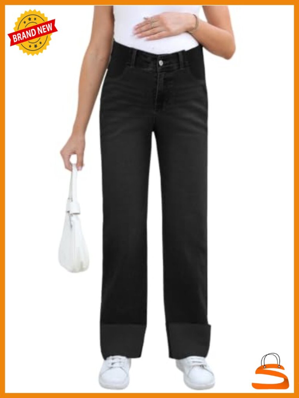 Maternity Jeans Stretchy Wide Leg Baggy Denim Pants with Pockets Cuffed Hem